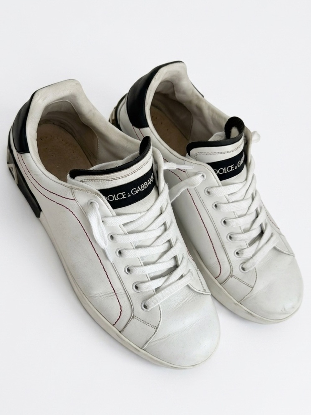 Dolce & Gabbana White Leather Sneakers with Black Heel Tab